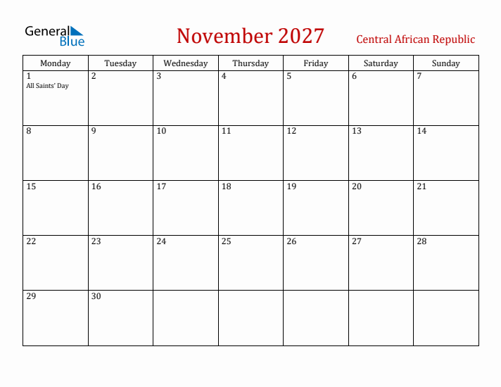 Central African Republic November 2027 Calendar - Monday Start