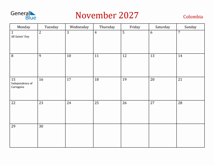 Colombia November 2027 Calendar - Monday Start