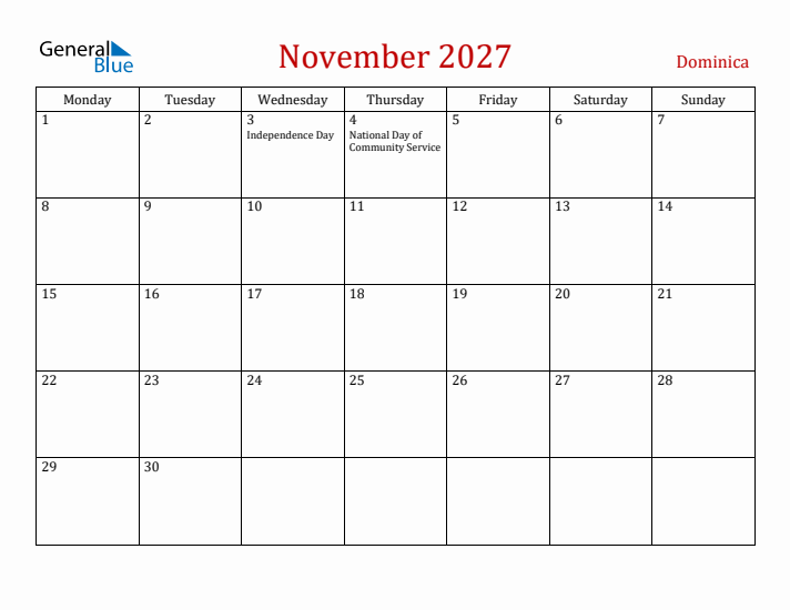 Dominica November 2027 Calendar - Monday Start