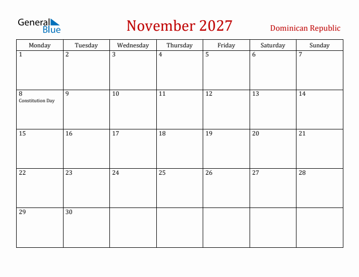 Dominican Republic November 2027 Calendar - Monday Start