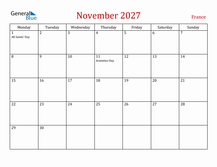 France November 2027 Calendar - Monday Start