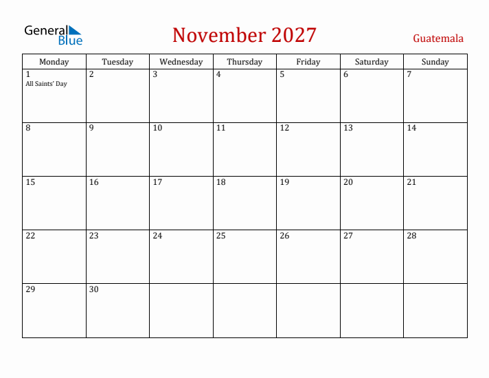 Guatemala November 2027 Calendar - Monday Start