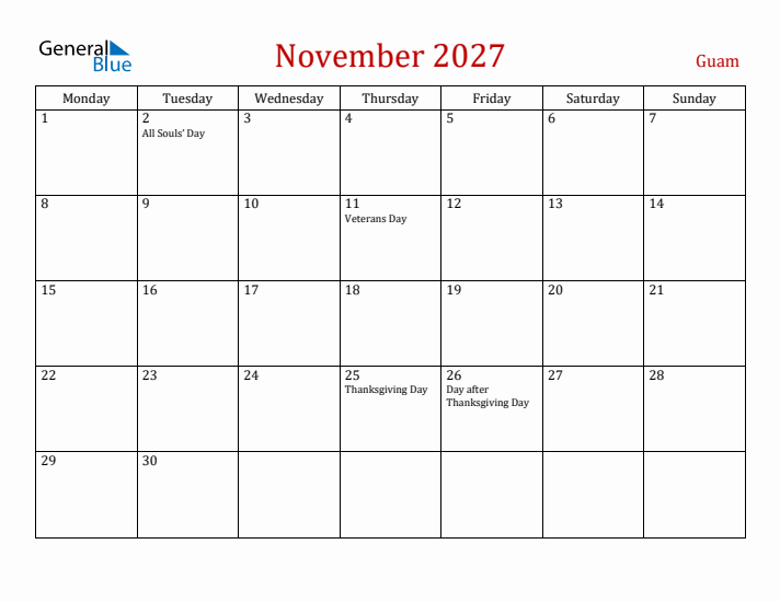 Guam November 2027 Calendar - Monday Start