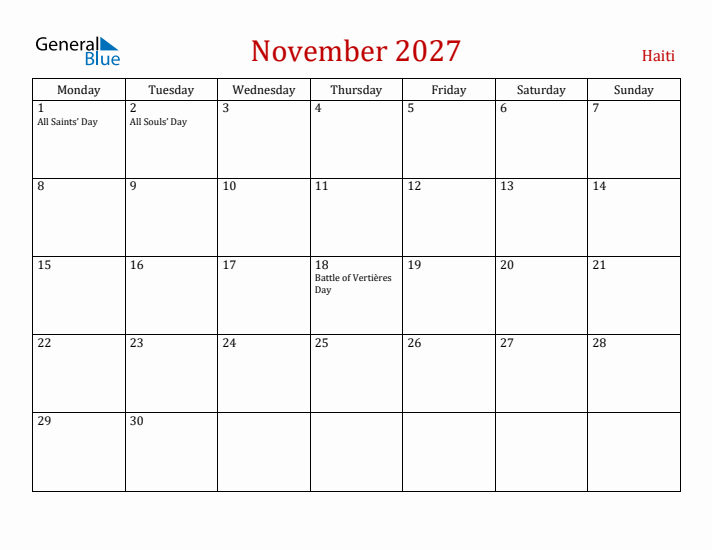 Haiti November 2027 Calendar - Monday Start