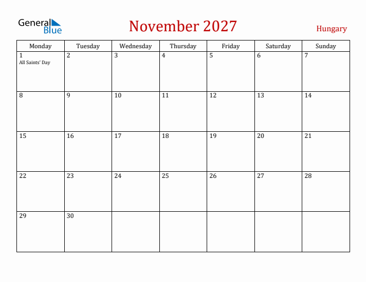 Hungary November 2027 Calendar - Monday Start