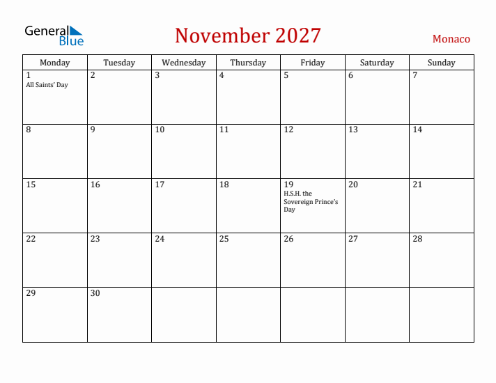 Monaco November 2027 Calendar - Monday Start