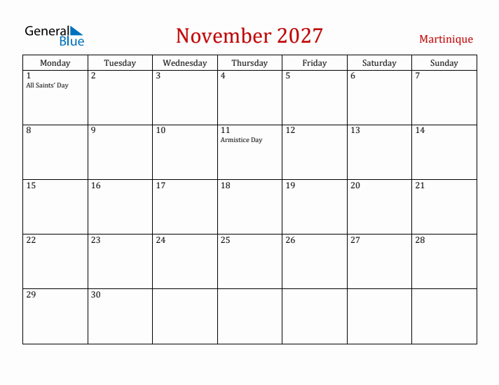 Martinique November 2027 Calendar - Monday Start