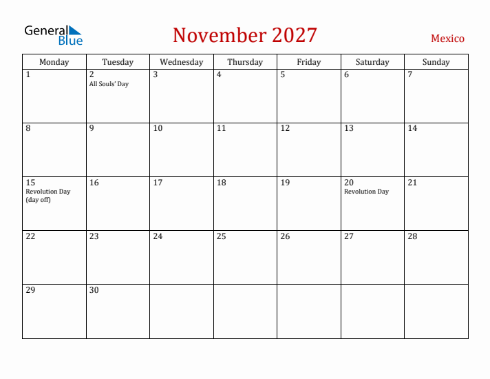 Mexico November 2027 Calendar - Monday Start