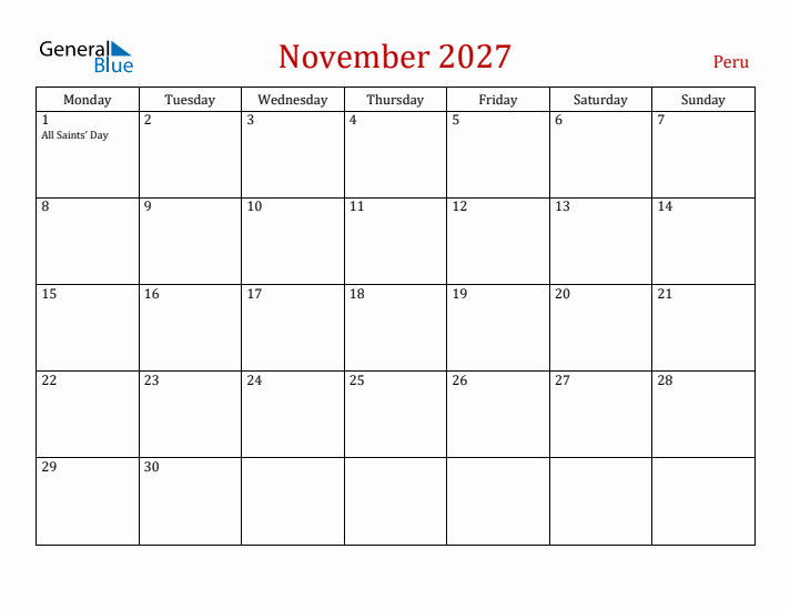 Peru November 2027 Calendar - Monday Start