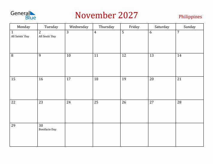 Philippines November 2027 Calendar - Monday Start