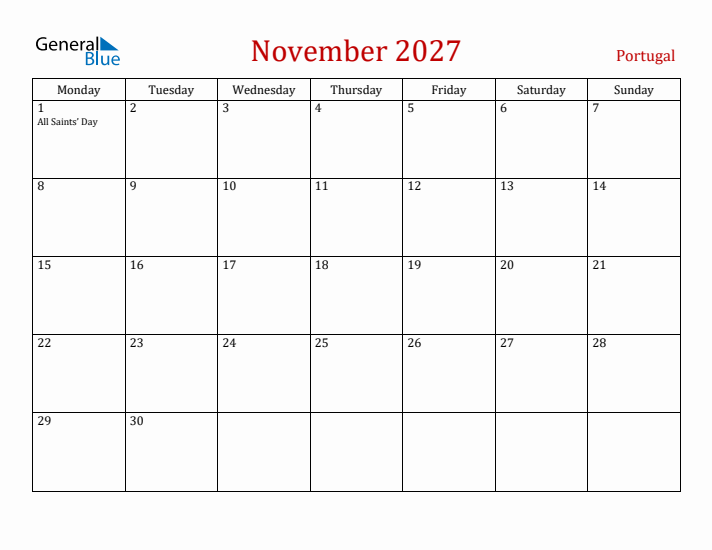 Portugal November 2027 Calendar - Monday Start