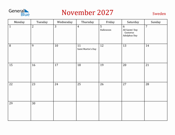 Sweden November 2027 Calendar - Monday Start
