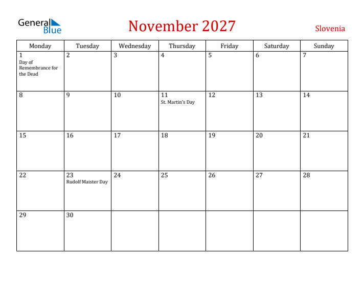 Slovenia November 2027 Calendar - Monday Start
