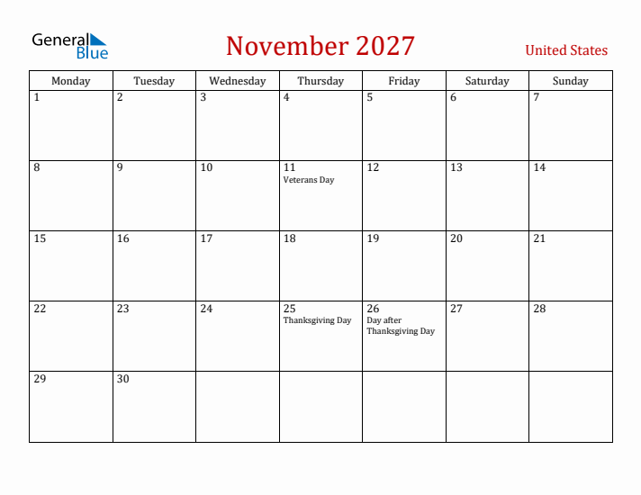 United States November 2027 Calendar - Monday Start