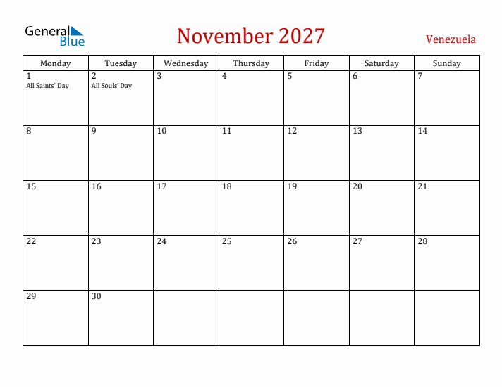 Venezuela November 2027 Calendar - Monday Start