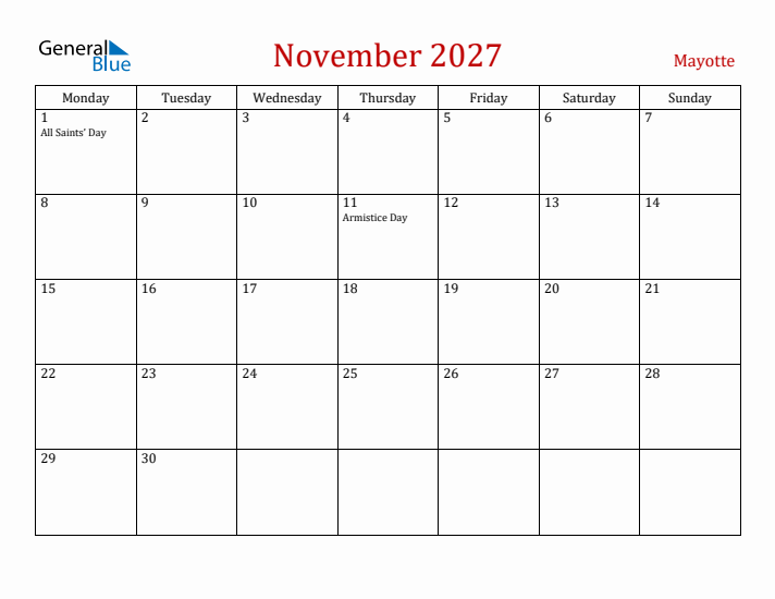 Mayotte November 2027 Calendar - Monday Start