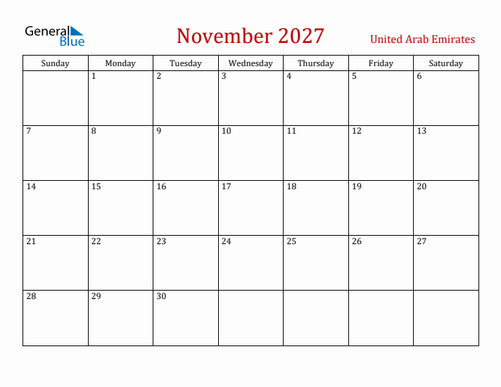 United Arab Emirates November 2027 Calendar - Sunday Start