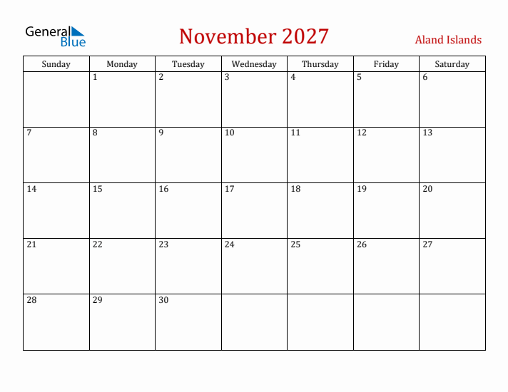 Aland Islands November 2027 Calendar - Sunday Start