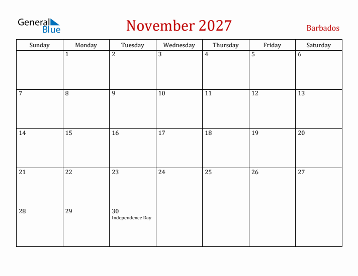 Barbados November 2027 Calendar - Sunday Start