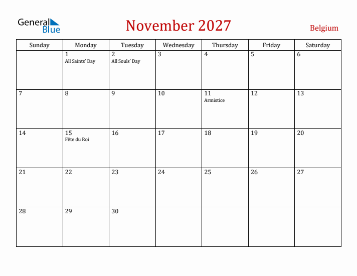 Belgium November 2027 Calendar - Sunday Start