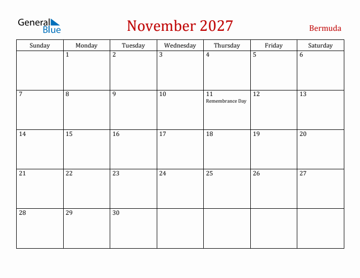 Bermuda November 2027 Calendar - Sunday Start