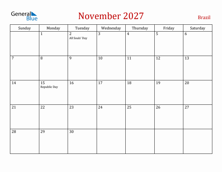 Brazil November 2027 Calendar - Sunday Start