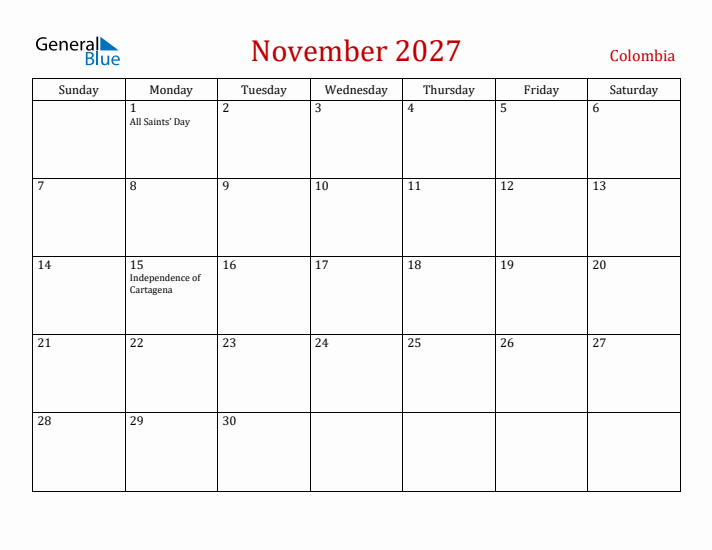 Colombia November 2027 Calendar - Sunday Start