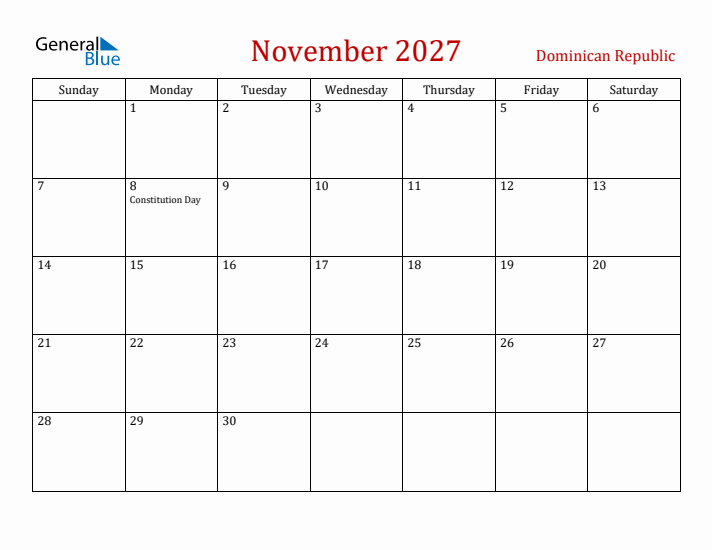 Dominican Republic November 2027 Calendar - Sunday Start