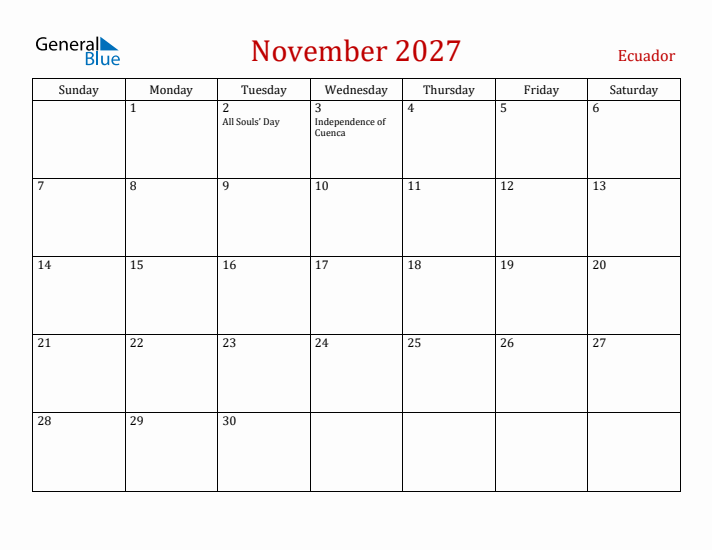 Ecuador November 2027 Calendar - Sunday Start
