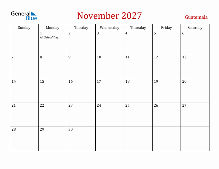 Guatemala November 2027 Calendar - Sunday Start