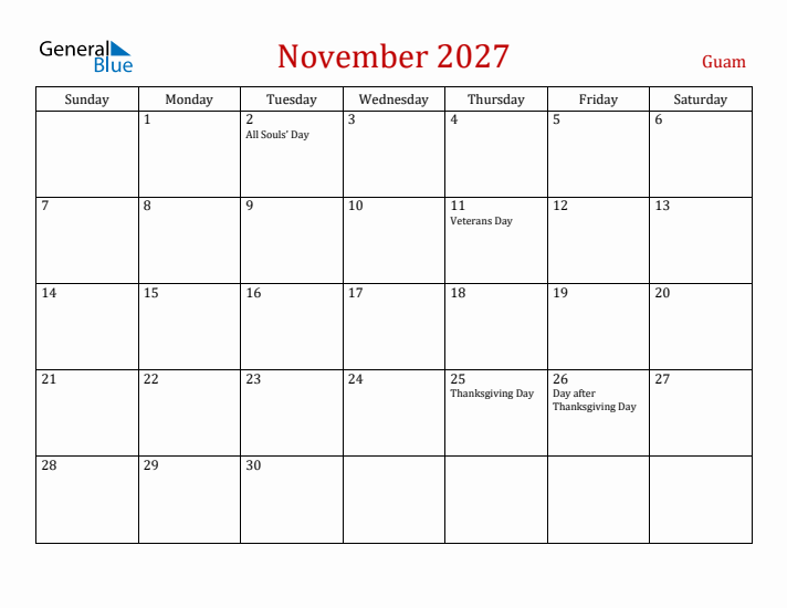 Guam November 2027 Calendar - Sunday Start