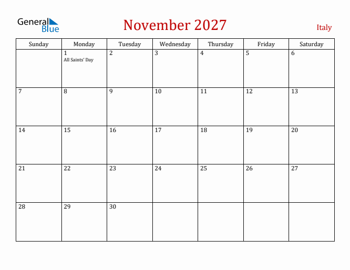 Italy November 2027 Calendar - Sunday Start