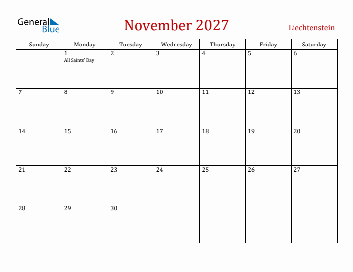 Liechtenstein November 2027 Calendar - Sunday Start