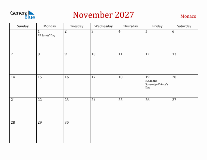 Monaco November 2027 Calendar - Sunday Start