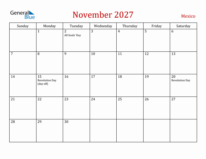 Mexico November 2027 Calendar - Sunday Start