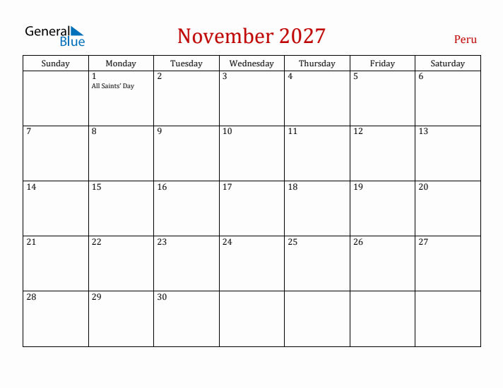 Peru November 2027 Calendar - Sunday Start