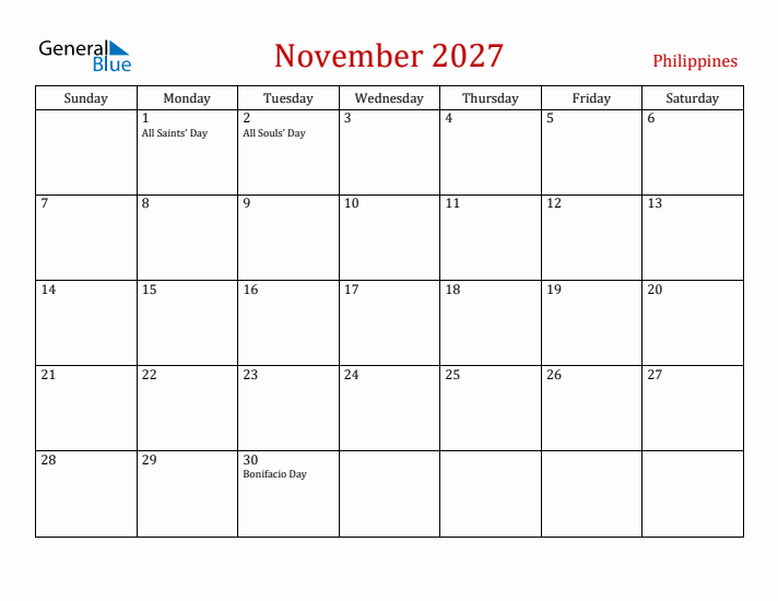 Philippines November 2027 Calendar - Sunday Start