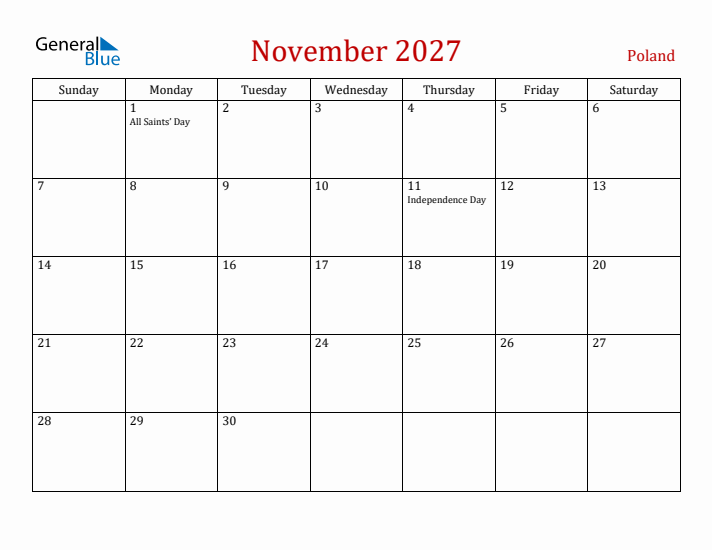 Poland November 2027 Calendar - Sunday Start