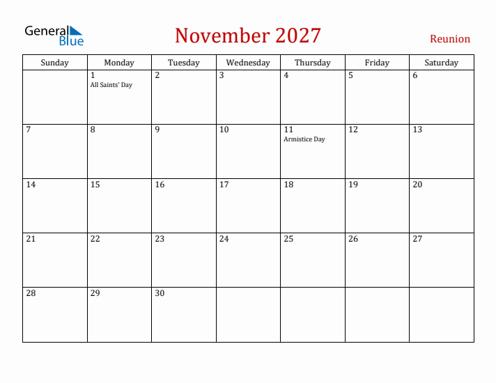 Reunion November 2027 Calendar - Sunday Start