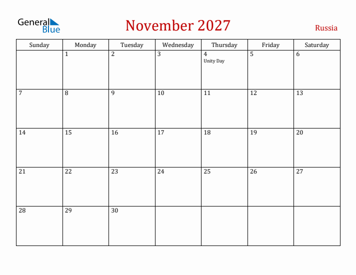 Russia November 2027 Calendar - Sunday Start