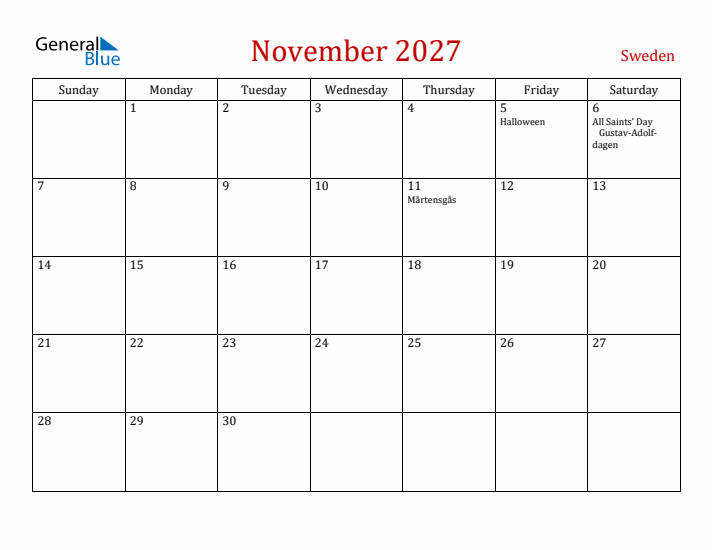 Sweden November 2027 Calendar - Sunday Start