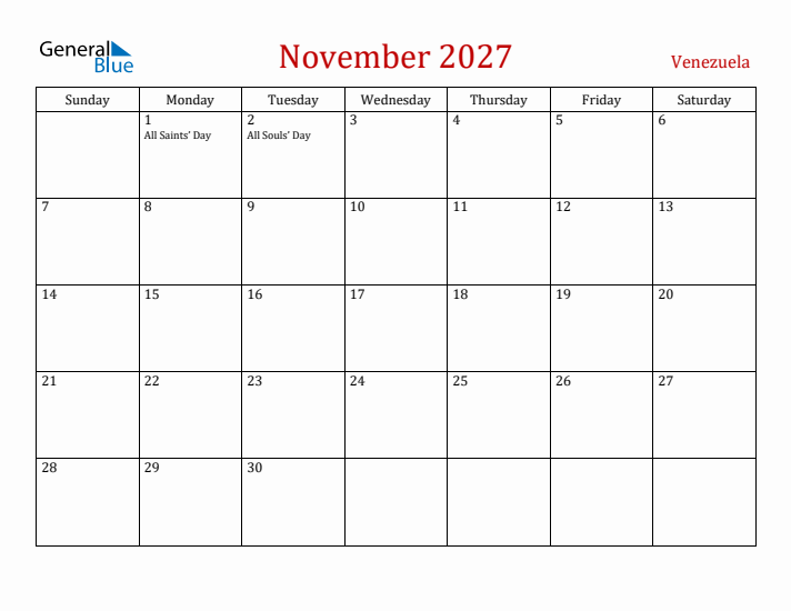 Venezuela November 2027 Calendar - Sunday Start