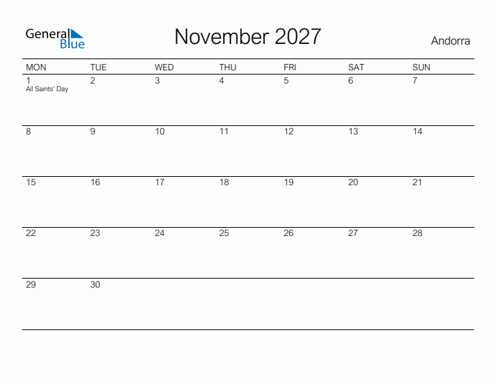 Printable November 2027 Calendar for Andorra