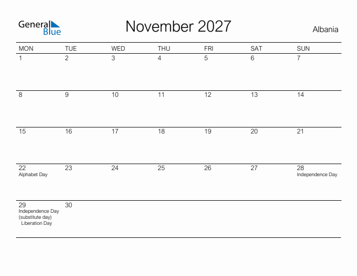Printable November 2027 Calendar for Albania