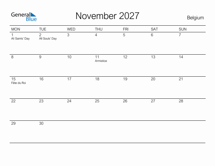 Printable November 2027 Calendar for Belgium