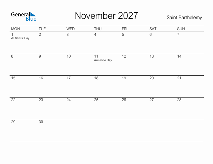 Printable November 2027 Calendar for Saint Barthelemy