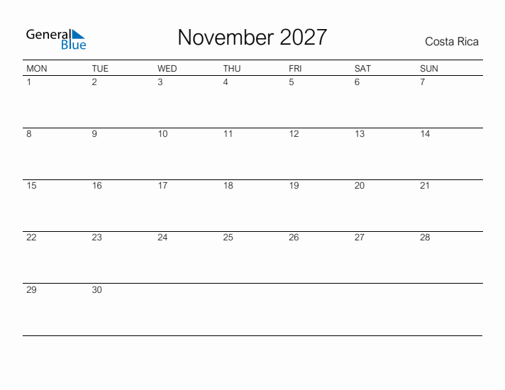 Printable November 2027 Calendar for Costa Rica