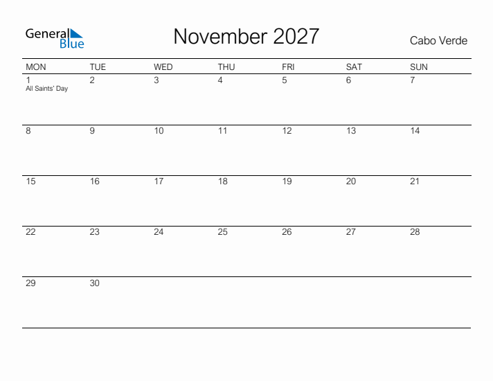 Printable November 2027 Calendar for Cabo Verde