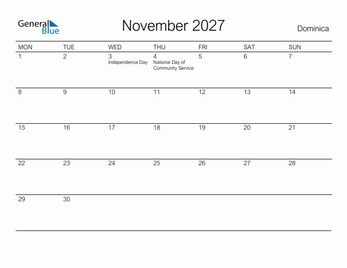Printable November 2027 Calendar for Dominica