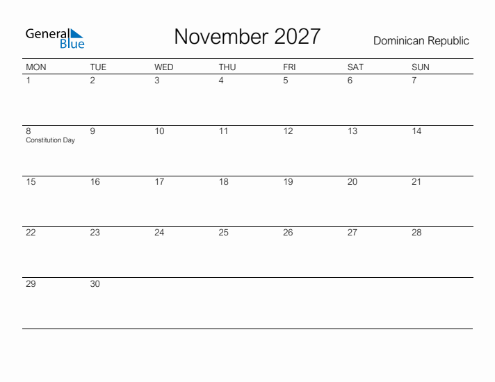 Printable November 2027 Calendar for Dominican Republic
